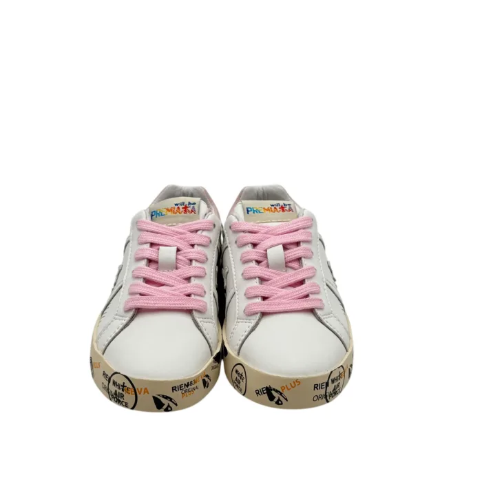 Sneakers Premiata Kids In Pelle Bianca e Lacci Rosa art. Andy, foto 3 di 5
