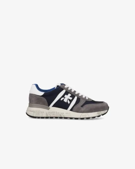 Sneakers Premiata Uomo In Camoscio Grigio e Dettagli Blu art. Lander 7203