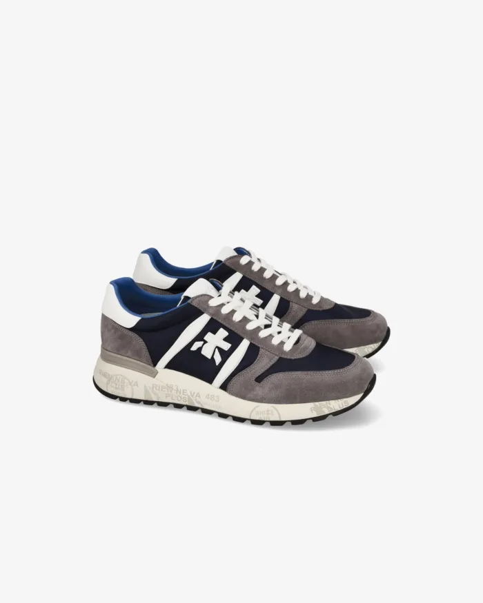 Sneakers Premiata Uomo In Camoscio Grigio e Dettagli Blu art. Lander 7203, foto 2 di 3