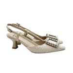 Slingback Roberto Festa in Tessuto Tweed Avorio Con Accessorio Gioiello , Tacco 7 cm art. STEFI