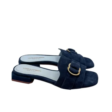 Ciabatta Lorenzo Mari in Camoscio Blu Accessorio Oro Tacco 3 cm art. Samu 37