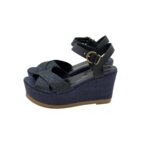 Sandali con zeppa in rafia Lorenzo Mari in nappa Blu,plateau 4 cm zeppa 8 cm art. NANCY 02 - immagine 2