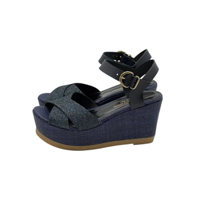 Sandali con zeppa in rafia Lorenzo Mari in nappa Blu,plateau 4 cm zeppa 8 cm art. NANCY 02, foto 2 di 4