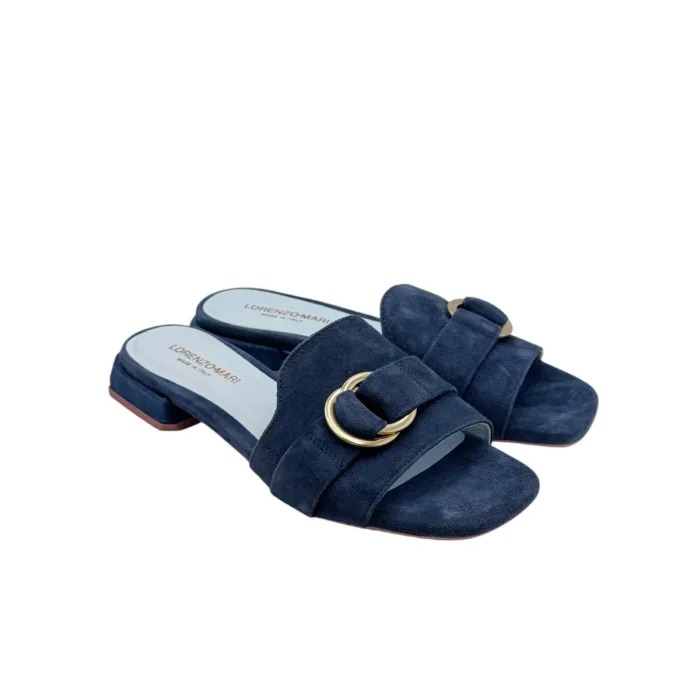Ciabatta Lorenzo Mari in Camoscio Blu Accessorio Oro Tacco 3 cm art. Samu 37, foto 2 di 6
