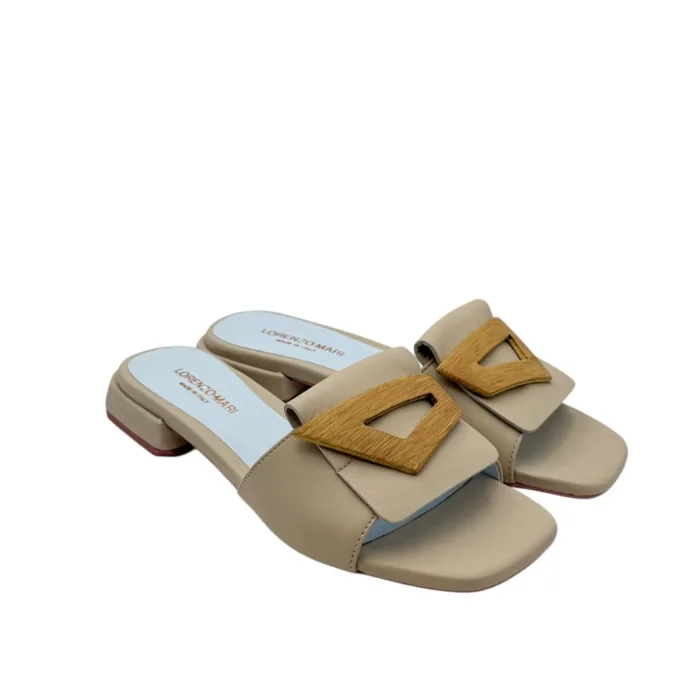 Ciabatta Lorenzo Mari in Vitello Avorio Accessorio In Legno Tacco 3 cm art. Samu 50, foto 2 di 6