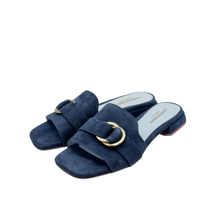 Ciabatta Lorenzo Mari in Camoscio Blu Accessorio Oro Tacco 3 cm art. Samu 37, foto 4 di 6