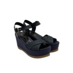 Sandali con zeppa in rafia Lorenzo Mari in nappa Blu,plateau 4 cm zeppa 8 cm art. NANCY 02 - immagine 4