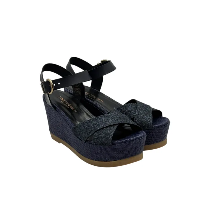 Sandali con zeppa in rafia Lorenzo Mari in nappa Blu,plateau 4 cm zeppa 8 cm art. NANCY 02, foto 4 di 4