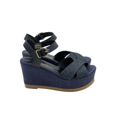 Sandali con zeppa in rafia Lorenzo Mari in nappa Blu,plateau 4 cm zeppa 8 cm art. NANCY 02