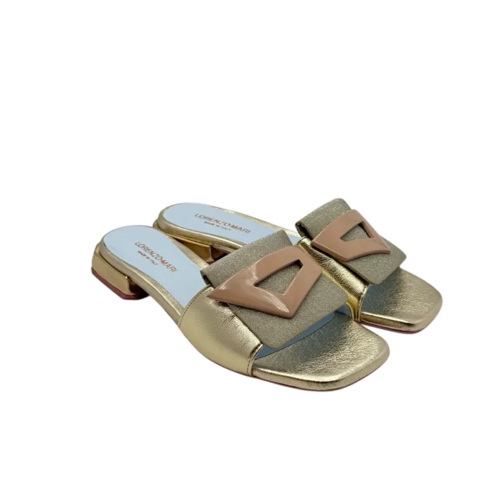 Ciabatta Lorenzo Mari in Vitello Oro e Glitter Accessorio Nude Tacco 3 cm art. Samu 50, foto 2 di 6