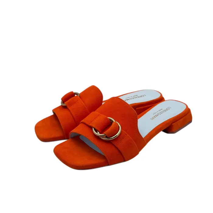 Ciabatta Lorenzo Mari in Camoscio Arancio Accessorio Oro Tacco 3 cm art. Samu 37, foto 4 di 6