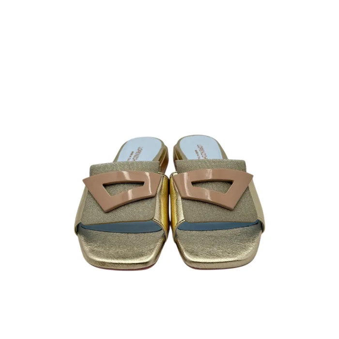 Ciabatta Lorenzo Mari in Vitello Oro e Glitter Accessorio Nude Tacco 3 cm art. Samu 50, foto 3 di 6