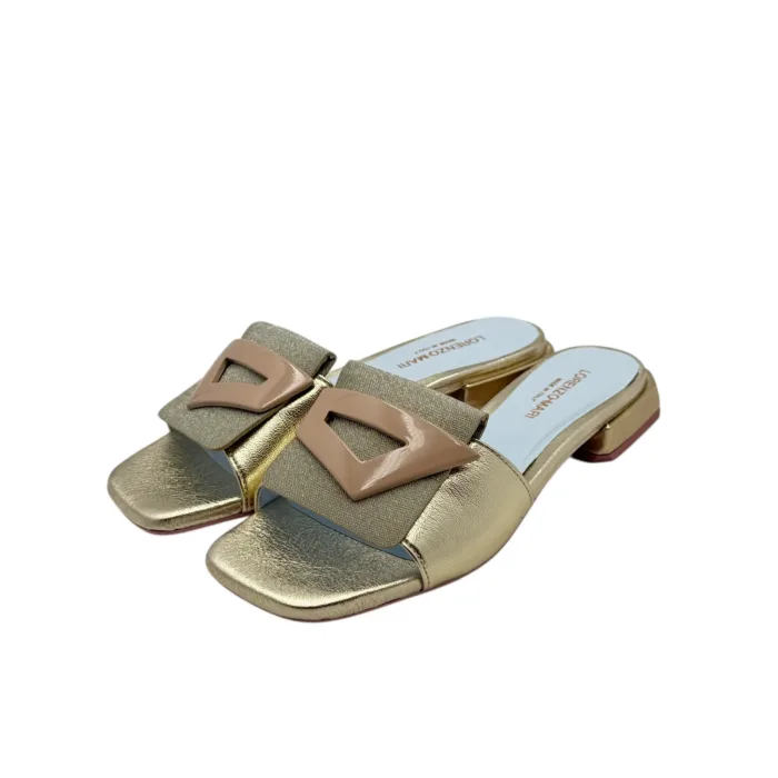 Ciabatta Lorenzo Mari in Vitello Oro e Glitter Accessorio Nude Tacco 3 cm art. Samu 50, foto 5 di 6