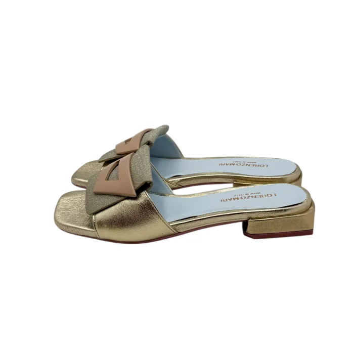 Ciabatta Lorenzo Mari in Vitello Oro e Glitter Accessorio Nude Tacco 3 cm art. Samu 50, foto 4 di 6