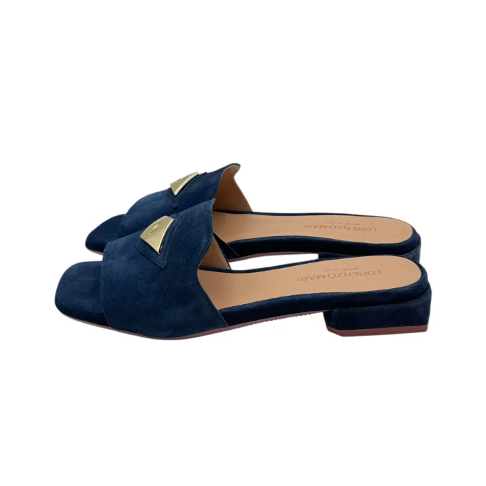 Ciabatta Lorenzo Mari in Camoscio Blu Accessorio Oro Tacco 3 cm art. Samu 32, foto 4 di 5