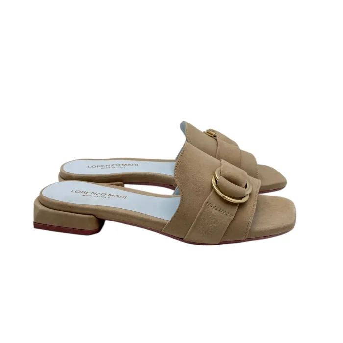 Ciabatta Lorenzo Mari in Camoscio Beige Accessorio Oro Tacco 3 cm art. Samu 37, foto 1 di 5