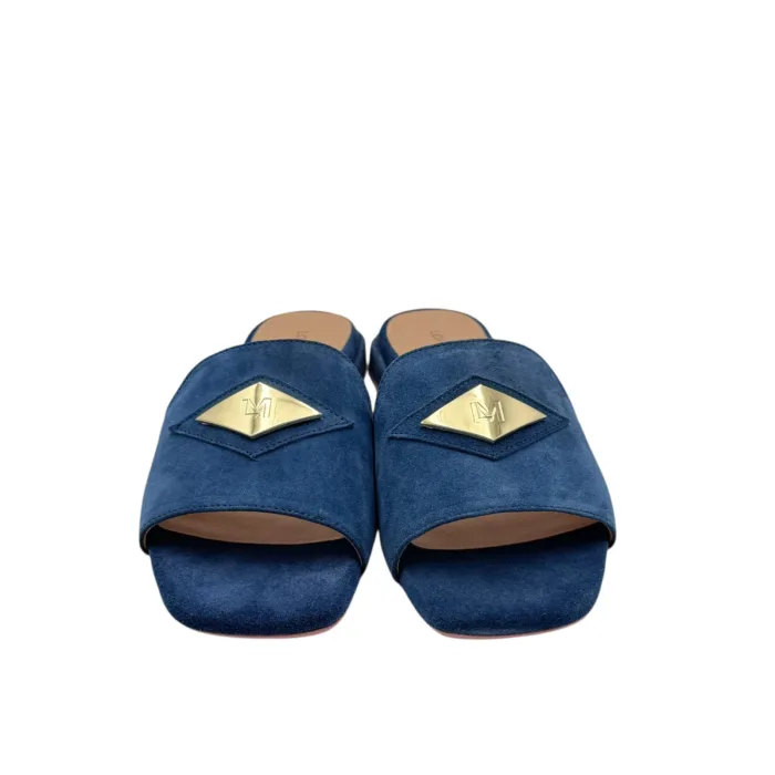Ciabatta Lorenzo Mari in Camoscio Blu Accessorio Oro Tacco 3 cm art. Samu 32, foto 3 di 5