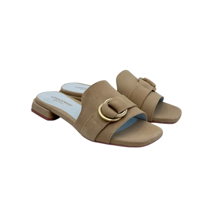 Ciabatta Lorenzo Mari in Camoscio Beige Accessorio Oro Tacco 3 cm art. Samu 37, foto 2 di 5