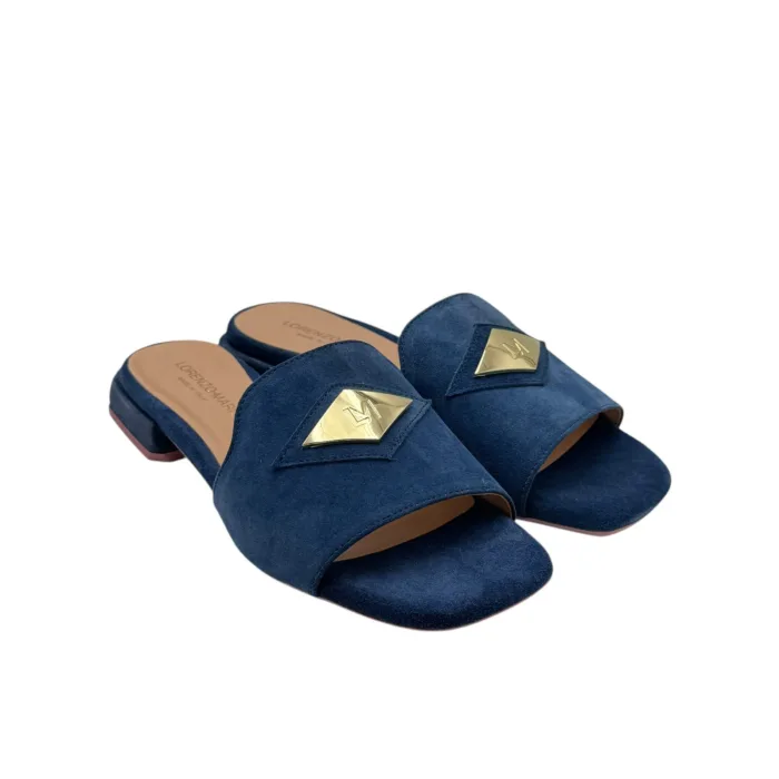 Ciabatta Lorenzo Mari in Camoscio Blu Accessorio Oro Tacco 3 cm art. Samu 32, foto 2 di 5