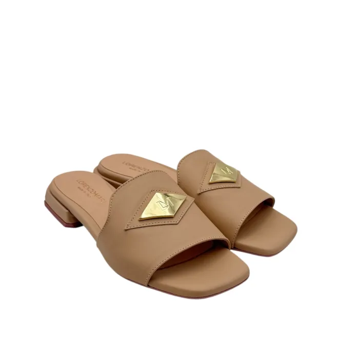Ciabatta Lorenzo Mari in Vitello Nude Accessorio Oro Tacco 3 cm art. Samu 32, foto 2 di 6