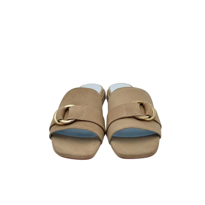 Ciabatta Lorenzo Mari in Camoscio Beige Accessorio Oro Tacco 3 cm art. Samu 37, foto 3 di 5