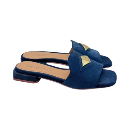 Ciabatta Lorenzo Mari in Camoscio Blu Accessorio Oro Tacco 3 cm art. Samu 32