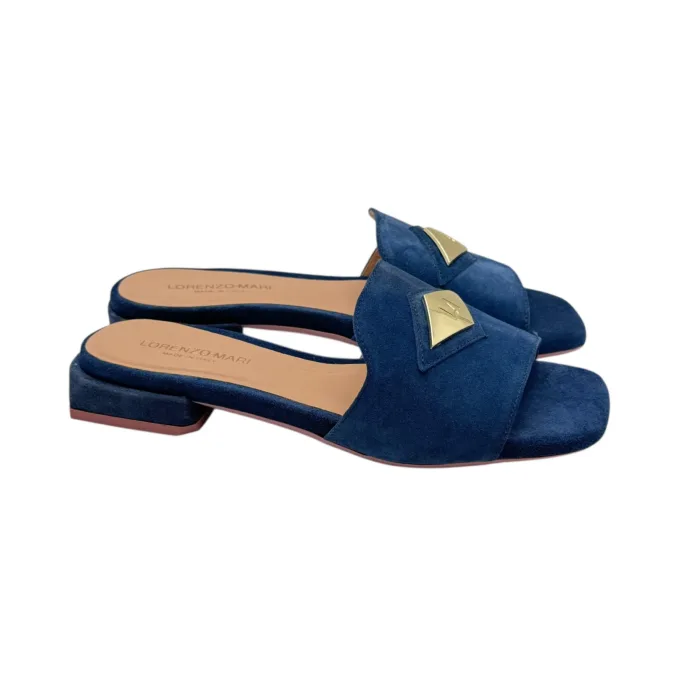 Ciabatta Lorenzo Mari in Camoscio Blu Accessorio Oro Tacco 3 cm art. Samu 32, foto 1 di 5