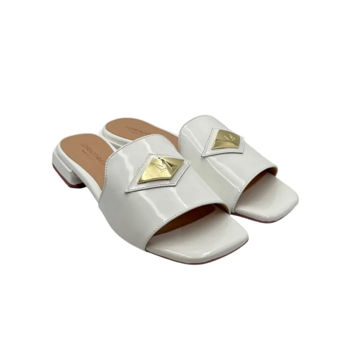 Ciabatta Lorenzo Mari in Vernice Bianca Accessorio Oro Tacco 3 cm art. Samu 32, foto 2 di 5