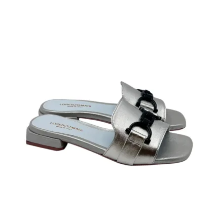 Ciabatta Lorenzo Mari in Vitello Argento Accessorio Blu Tacco 3 cm art. Samu 46