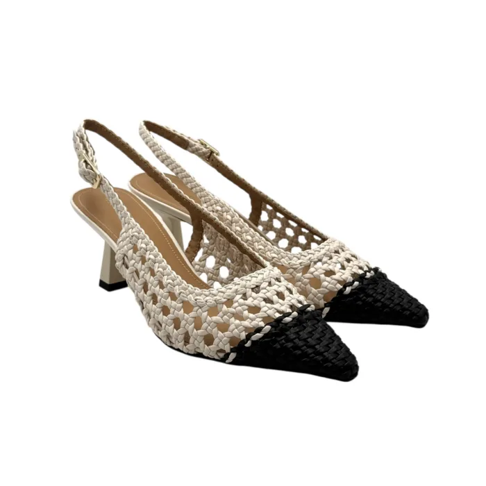 Slingback Bruno Premi in Nappa Intrecciata Avorio e Nera  Tacco 7 cm art. BL0411X Intrecco Bicolore, foto 2 di 7