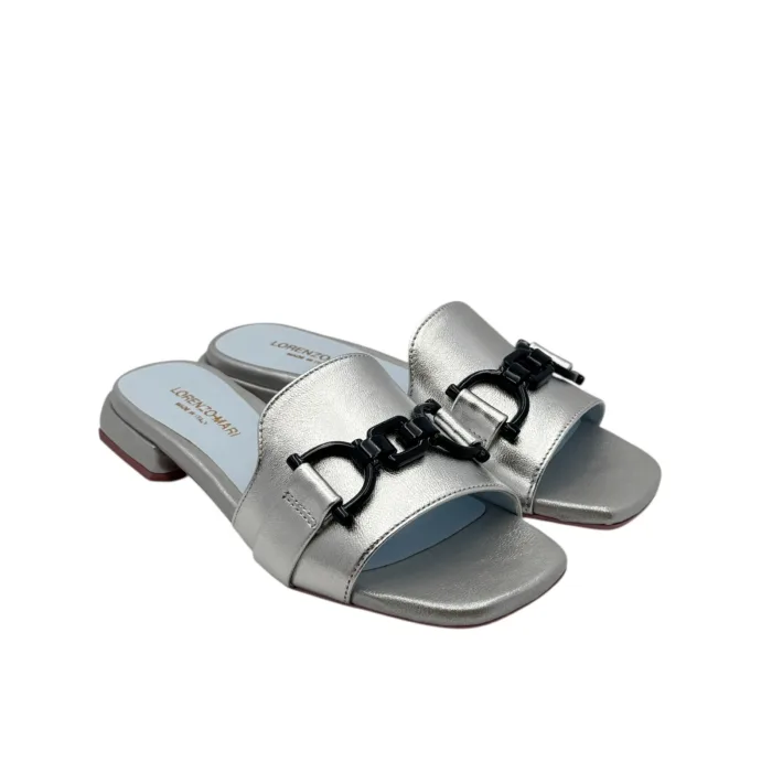Ciabatta Lorenzo Mari in Vitello Argento Accessorio Blu Tacco 3 cm art. Samu 46, foto 2 di 6
