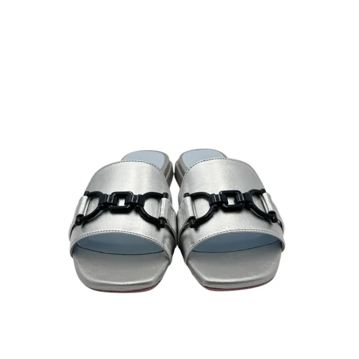 Ciabatta Lorenzo Mari in Vitello Argento Accessorio Blu Tacco 3 cm art. Samu 46, foto 3 di 6