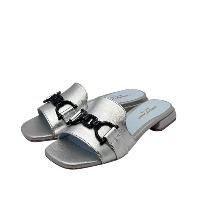 Ciabatta Lorenzo Mari in Vitello Argento Accessorio Blu Tacco 3 cm art. Samu 46, foto 5 di 6