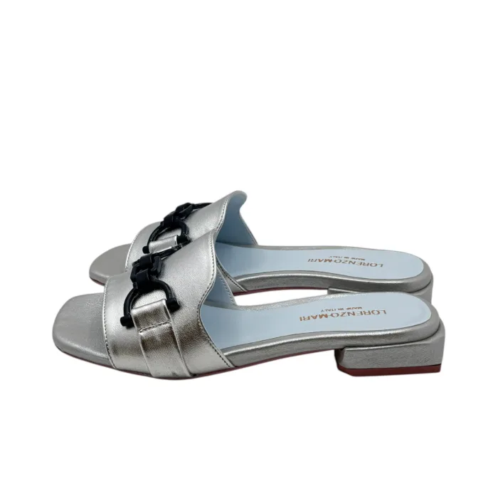 Ciabatta Lorenzo Mari in Vitello Argento Accessorio Blu Tacco 3 cm art. Samu 46, foto 4 di 6