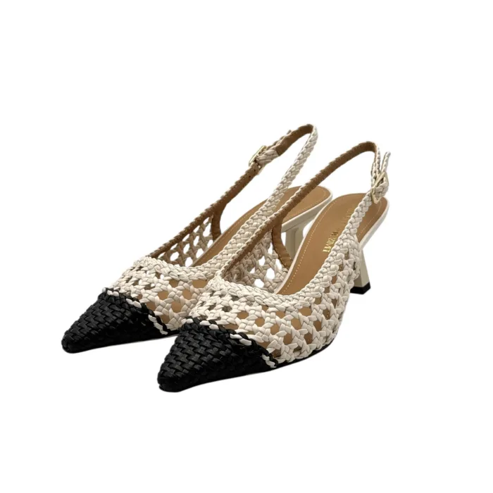 Slingback Bruno Premi in Nappa Intrecciata Avorio e Nera  Tacco 7 cm art. BL0411X Intrecco Bicolore, foto 3 di 7