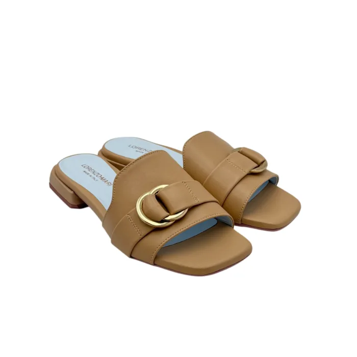 Ciabatta Lorenzo Mari in Nappa Beige Accessorio Oro Tacco 3 cm art. Samu 37, foto 2 di 6