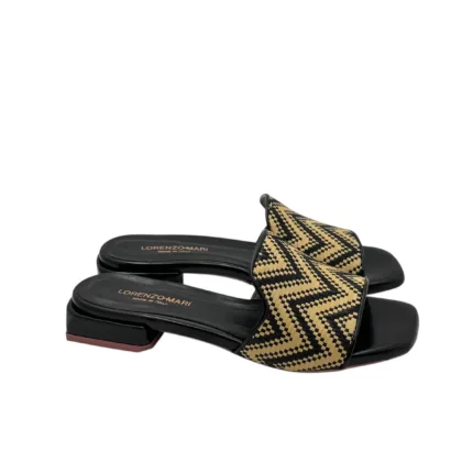 Ciabatta Lorenzo Mari in Rafia Beige e Vitello Nero Tacco 3 cm art. Samu 20