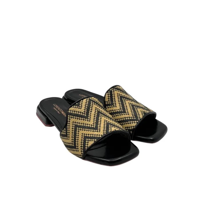 Ciabatta Lorenzo Mari in Rafia Beige e Vitello Nero Tacco 3 cm art. Samu 20, foto 2 di 6