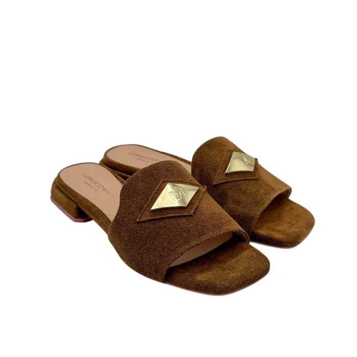 Ciabatta Lorenzo Mari in Camoscio Marrone Accessorio Oro Tacco 3 cm art. Samu 32, foto 4 di 5