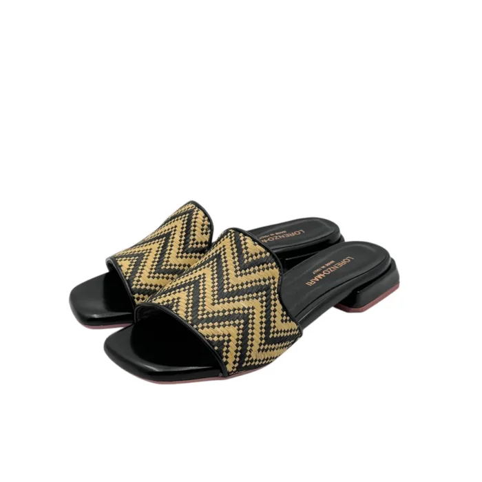 Ciabatta Lorenzo Mari in Rafia Beige e Vitello Nero Tacco 3 cm art. Samu 20, foto 4 di 6