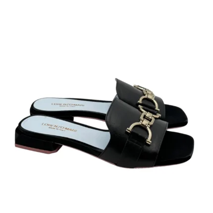 Ciabatta Lorenzo Mari in Vitello Nero Accessorio Platino Tacco 3 cm art. Samu 46