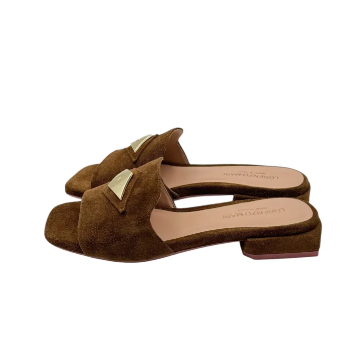 Ciabatta Lorenzo Mari in Camoscio Marrone Accessorio Oro Tacco 3 cm art. Samu 32, foto 3 di 5