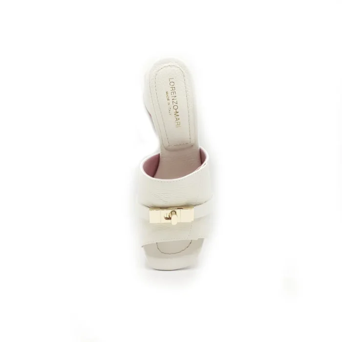 Sandalo Mules Sabot Lorenzo Mari Accessorio Fibbia Oro in Pelle Bianca  Tacco 7 cm art. Fresia 07, foto 2 di 2