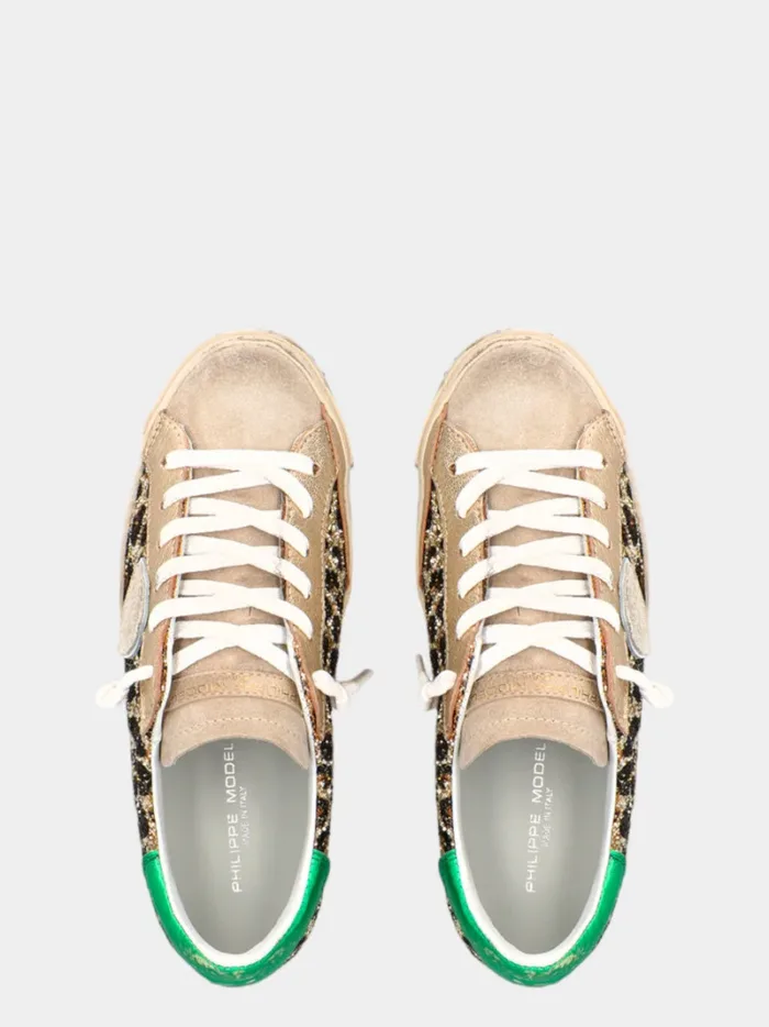 Sneakers Donna Philippe Model Paris Prsx In Paillettes Leopardo Lingetta Camoscio Spoiler Verde art. PRLD GLM1, foto 5 di 5