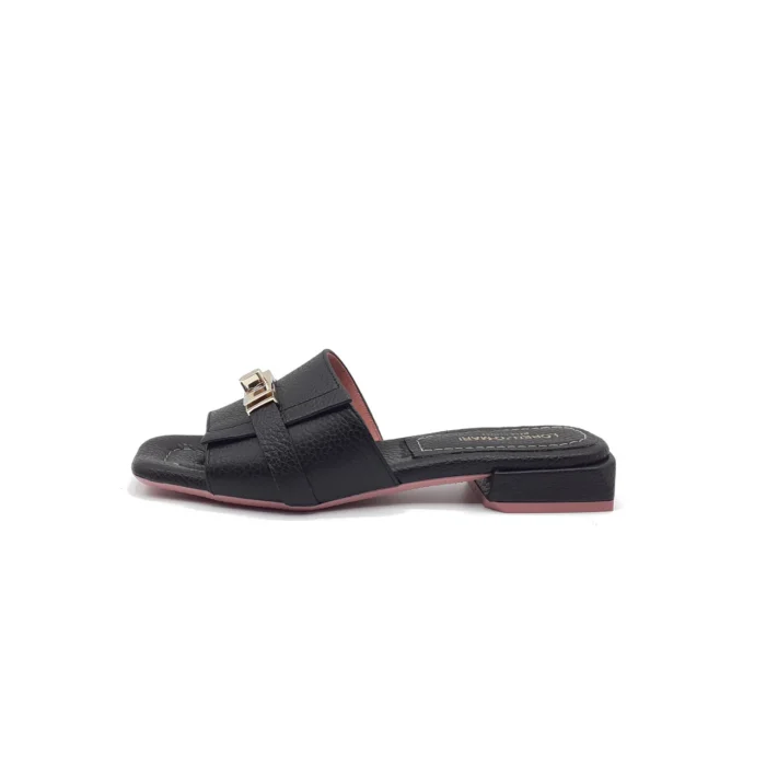 Ciabatta Lorenzo Mari con Accessorio Fibbia Oro in Pelle Nera Tacco 3 cm art. FIORDALISO 11, foto 1 di 2