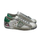 Sneakers Donna Philippe Model Paris Prsx In Pelle Bianca Animalier Inserti Camoscio Spoiler Verde Glitter art. PRLD VAN1
