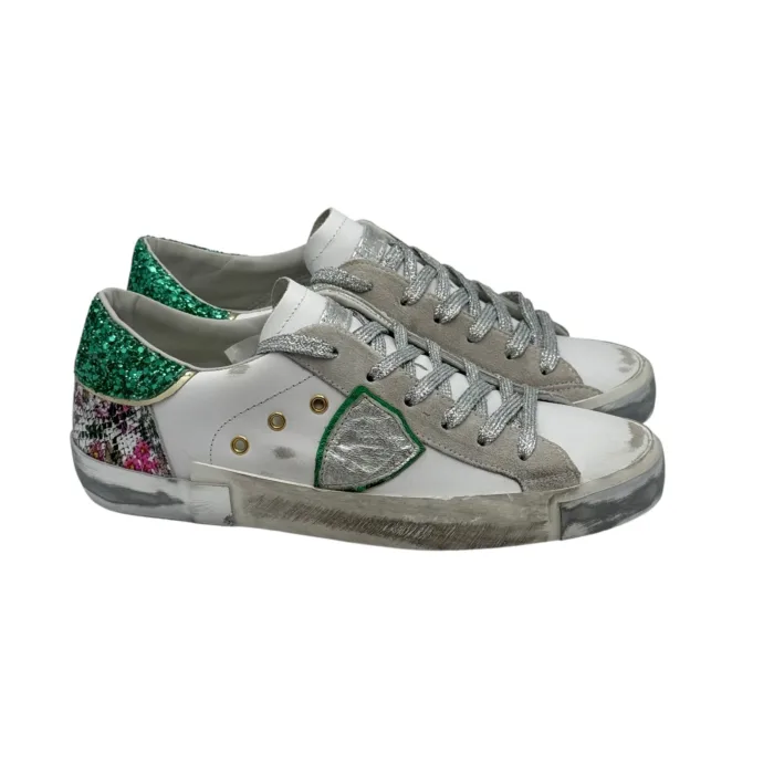 Sneakers Donna Philippe Model Paris Prsx In Pelle Bianca Animalier Inserti Camoscio Spoiler Verde Glitter art. PRLD VAN1, foto 1 di 6