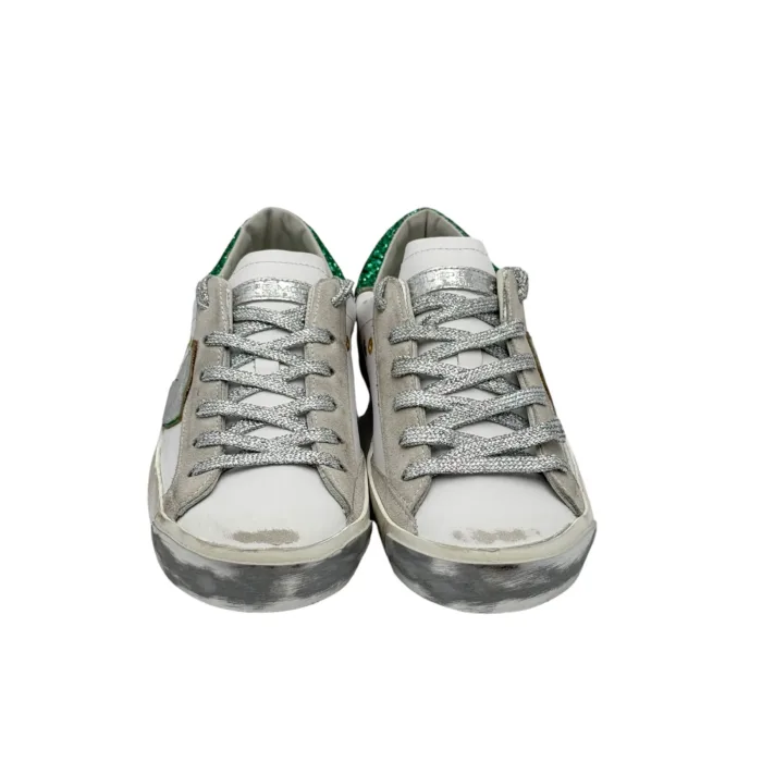 Sneakers Donna Philippe Model Paris Prsx In Pelle Bianca Animalier Inserti Camoscio Spoiler Verde Glitter art. PRLD VAN1, foto 2 di 6