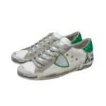 Sneakers Donna Philippe Model Paris Prsx In Pelle Bianca Animalier Inserti Camoscio Spoiler Verde Glitter art. PRLD VAN1 - immagine 3
