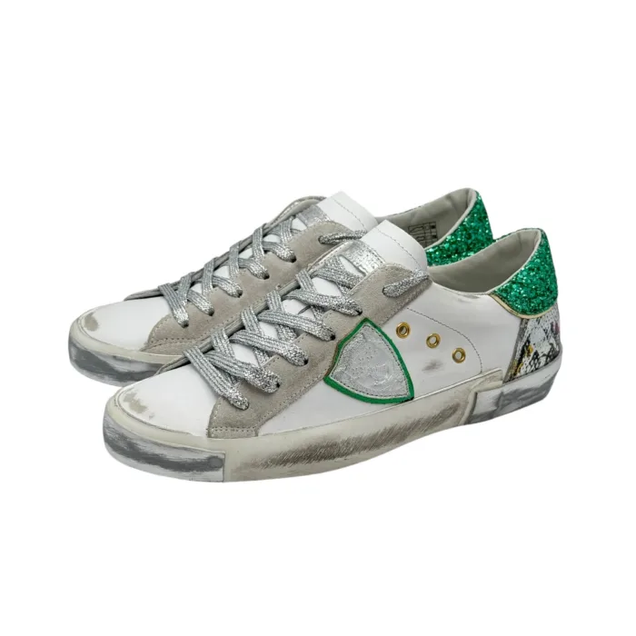 Sneakers Donna Philippe Model Paris Prsx In Pelle Bianca Animalier Inserti Camoscio Spoiler Verde Glitter art. PRLD VAN1, foto 3 di 6